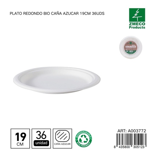[A003772] Plato redondo biodegradable de caña de azúcar 19cm 36uds - Utensilios desechables y ecológicos