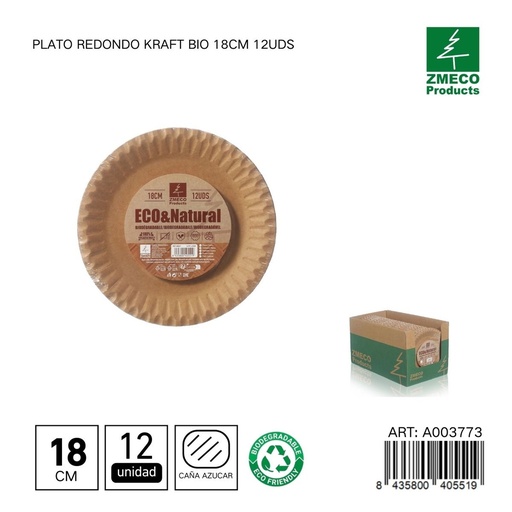 [A003773] Plato redondo kraft biodegradable 18cm 12uds - Utensilios desechables y ecológicos