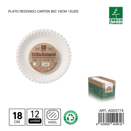 [A003774] Plato redondo de cartón biodegradable 18cm 12uds - Utensilios desechables y ecológicos