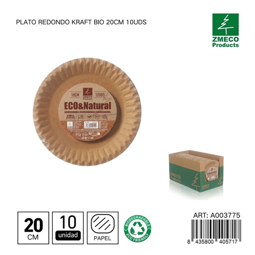 [A003775] Plato redondo kraft biodegradable 20cm 10uds - Utensilios desechables y ecológicos