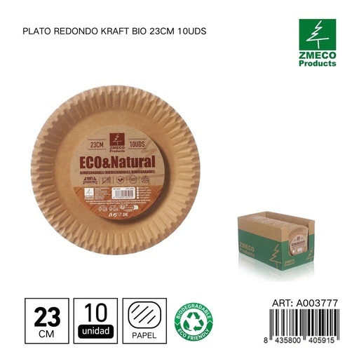 [A003777] Plato redondo kraft biodegradable 23cm 10uds - Utensilios desechables y ecológicos