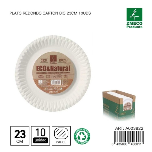 [A003822] Plato redondo de cartón biodegradable 23cm 10uds - Utensilios desechables y ecológicos