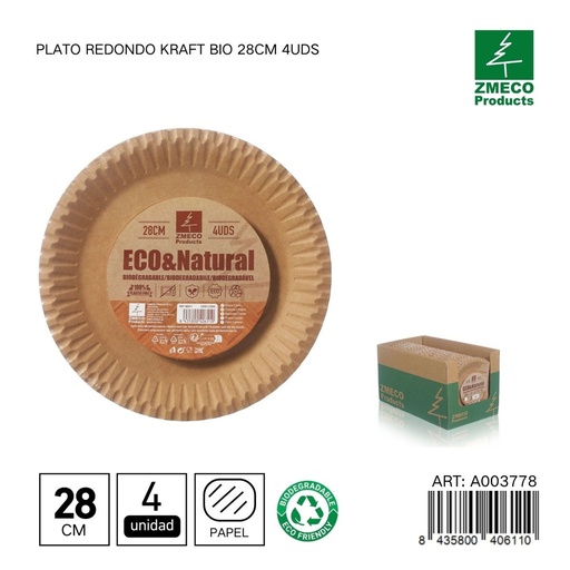 [A003778] Plato redondo kraft biodegradable 28cm 4uds - Utensilios desechables y ecológicos