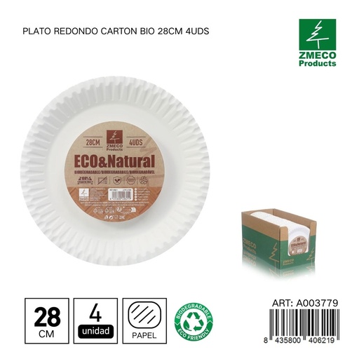 [A003779] Plato redondo de cartón biodegradable 28cm 4uds - Utensilios desechables y ecológicos