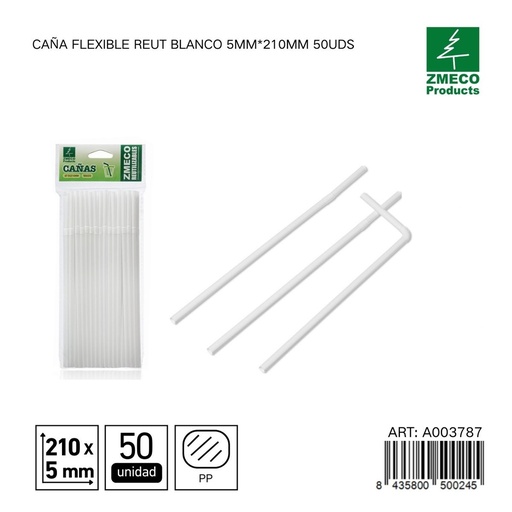 [A003787] Caña flexible reutilizable blanca 5mm*210mm 50uds - Accesorios de cocina y cocteles