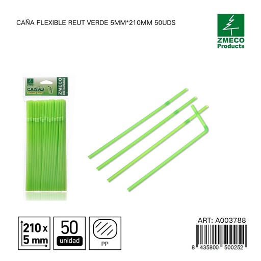 [A003788] Caña flexible reutilizable verde 5mm*210mm 50uds - Accesorios de cocina y cocteles