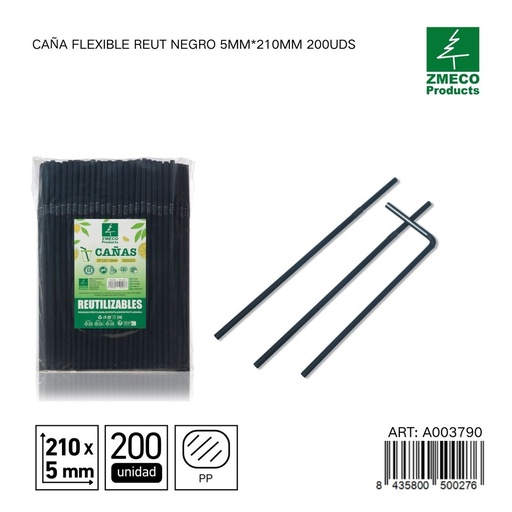 [A003790] Caña flexible reutilizable negra 5mm*210mm 200uds - Accesorios de cocina y cocteles