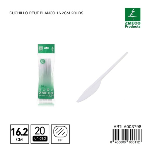 [A003798] Cuchillo reutilizable blanco 16.2cm 20uds - Utensilios desechables para cocina