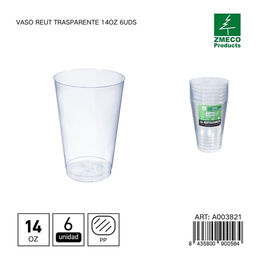 [A003821] Vaso Reut trasparente 14 oz 6 uds - Utensilios desechables y menaje
