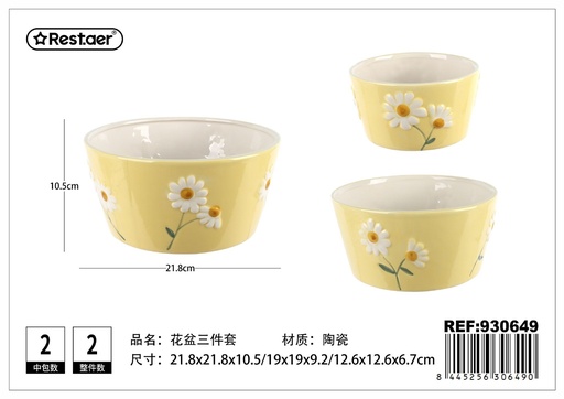 [930649] Maceta de cerámica pintada 3 piezas (21.8x21.8x10.5 cm) - Decoración para plantas