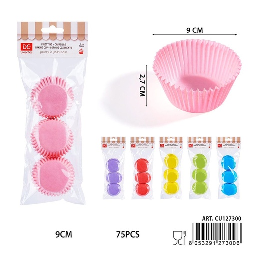 [0243279] Moldes de papel para magdalenas de colores 9cm 75pz - Utensilios de repostería coloridos