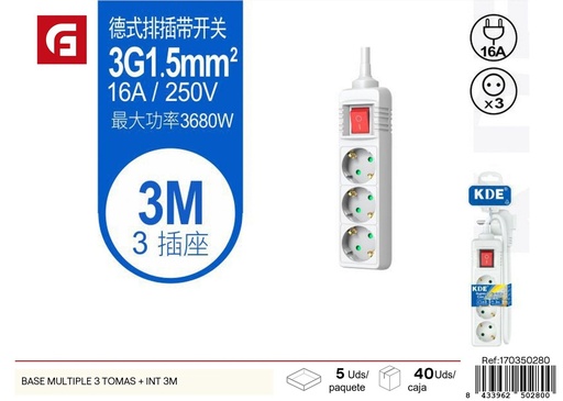 [170350280] Basa múltiple 3 tomas + interruptor 3m - Suministro eléctrico