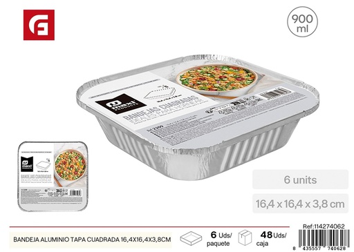 [114274062] Bandeja de aluminio tapa cuadrada de 16,4x16,4x3,8 cm - Recipiente desechable (6 uds)