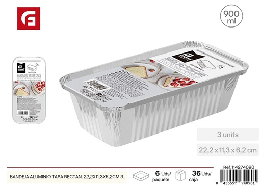 [114274090] Bandeja de aluminio tapa rectangular de 22,2x11,3x6,2 cm - Recipiente desechable (3 uds)
