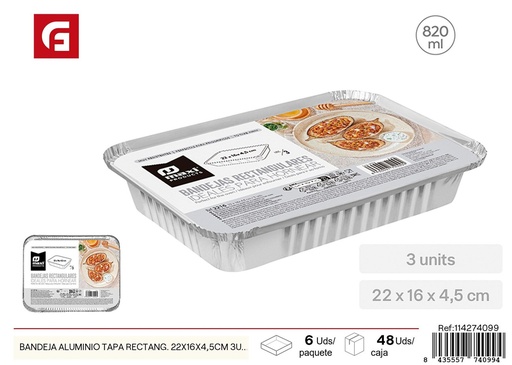 [114274099] Bandeja de aluminio tapa rectangular de 22x16x4,5 cm - Recipiente desechable (3 uds)