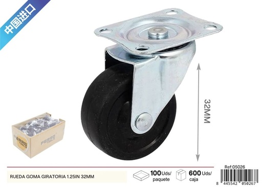 [05026] Rueda giratoria de goma de 1.25 pulgadas (32 mm) - Accesorios y herrajes de ferretería