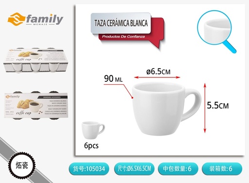 [105034] Set de 6 tazas de cerámica blanca de 90ml - Artículos de bebida y cerámica