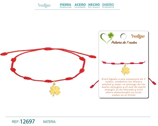 [12697] Pulsera de 7 nudos con trébol de la suerte en acero dorado - Joyería y accesorios