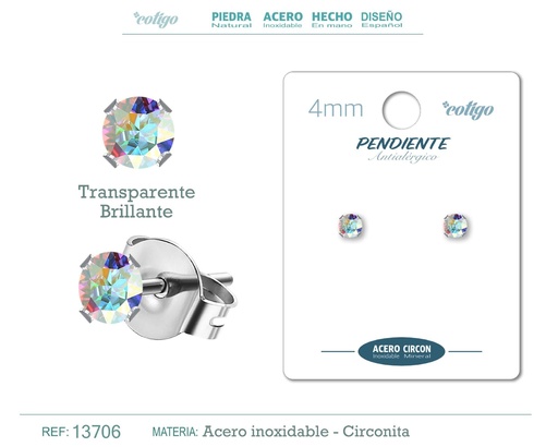 [13706] Pendiente redondo de circonita multicolor 4mm con base de acero plateado - Joyería de circonita