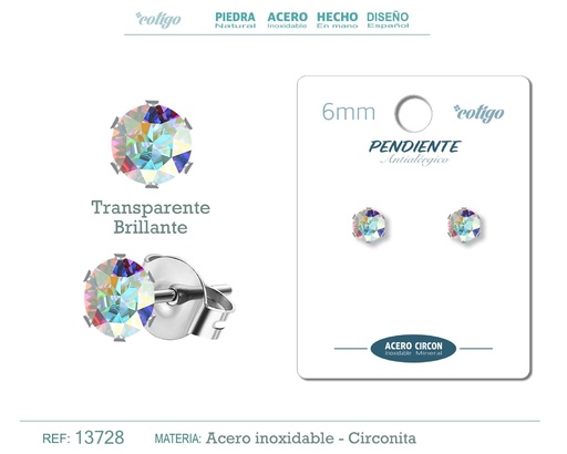 [13728] Pendiente redondo de circonita multicolor 6mm con base de acero plateado - Joyería de circonita