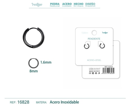 [16828] Pendiente aro de acero 1.6x8 mm negro - Joyería de acero