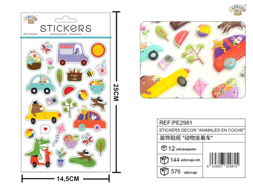[PE2981] Stickers decorativos "Animales en coche" 14.5x25cm - Adornos para manualidades
