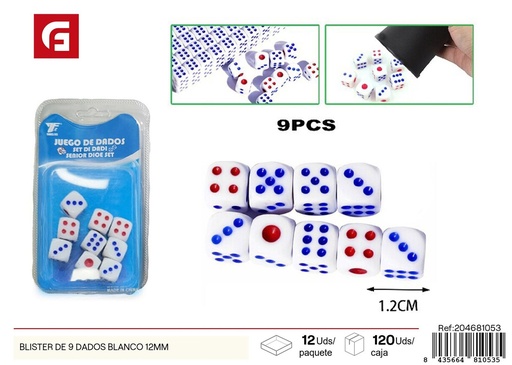 [204681053] Blister de 9 dados blancos 12mm - Juegos de mesa y accesorios