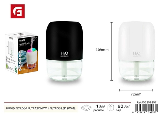 [106259257] Humedecedor ultrasónico 4 filtros LED 200ml - Equipos de humidificación