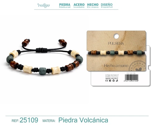 [25109] Pulsera de lava y madera hecha a mano - Joyería artesanal