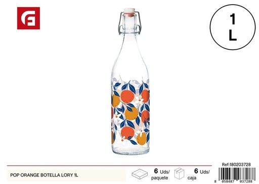 [180203728] Botella Lory de vidrio con decoración de naranja 1L - Envases
