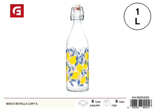 [180204025] Botella Lory de vidrio con decoración de hibisco 1L - Envases