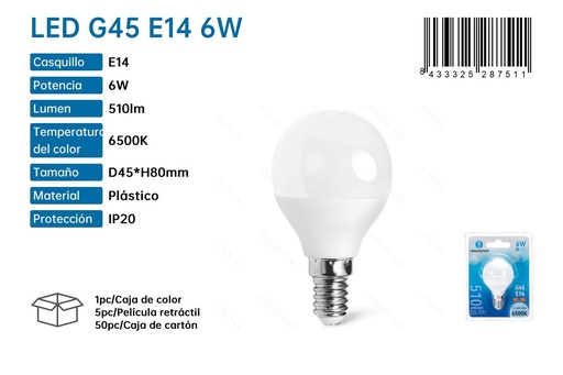 [171000380] Bombilla LED G45 E14 6W 6500K - Iluminación LED y bombillas ahorradoras