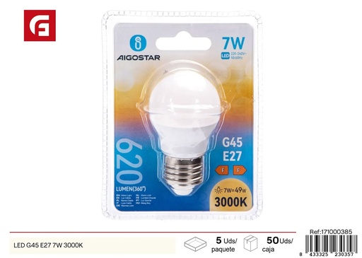 [171000385] Bombilla LED G45 E27 7W 3000K - Iluminación LED y bombillas decorativas