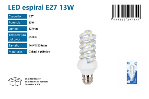[171000576] Bombilla LED espiral E27 13W 6500K - Iluminación LED y bombillas de forma tradicional