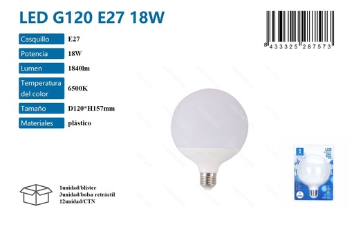 [171000280] Bombilla LED plana G120 E27 18W - Iluminación LED y bombillas para espacios amplios