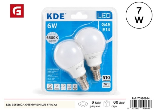 [170390864] Bombilla LED esférica G45 6W E14 luz fría (paquete de 2) - Iluminación LED y bombillas de uso diario