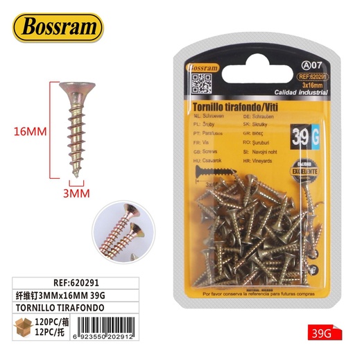 [620291] Tornillo tirafondo 3mm x 16mm 39g para madera y fijación