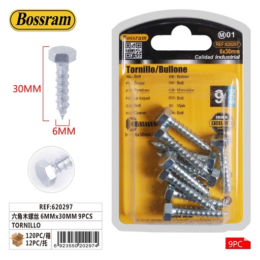 [620297] Tornillos hexagonales 6mmx30mm 9pcs para fijación