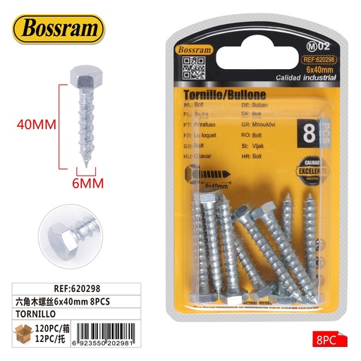 [620298] Tornillo hexagonal 6x40mm 8pcs para sujeción