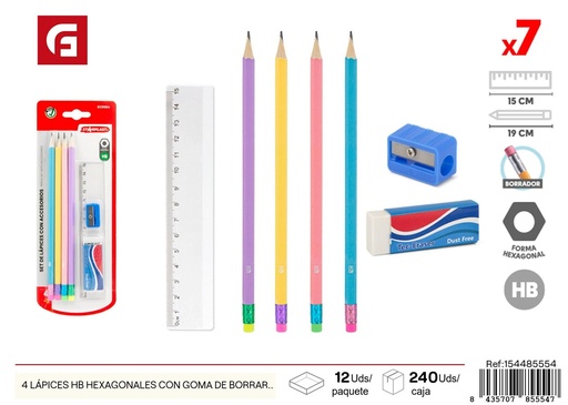 [154485554] Set de 4 lápices HB hexagonales con goma de borrar y 3 accesorios - Material escolar