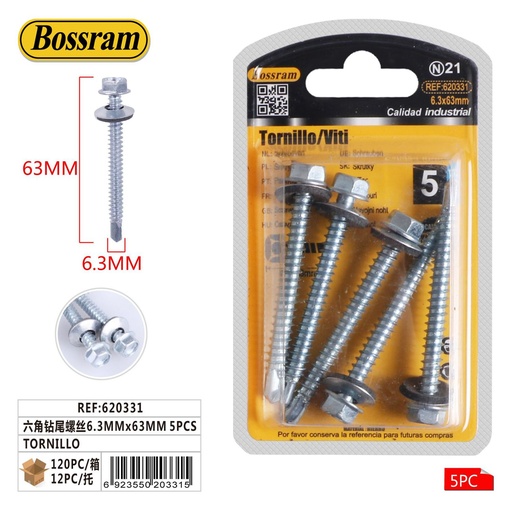 [620331] Tornillo hexagonal 6.3mmx63mm 5pcs para carpintería