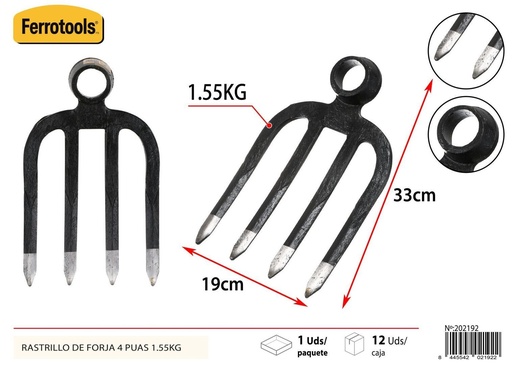 [202192] Rastrillo de forja de 4 púas 1.55 kg 19x33 cm - Herramientas de jardinería