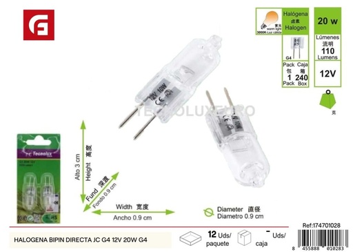 [174701028] Bombilla halógena bipin directa JC G4 12V 20W - Iluminación y bombillas