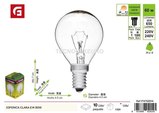 [174702014] Bombilla esférica clara E14 60W - Iluminación y bombillas