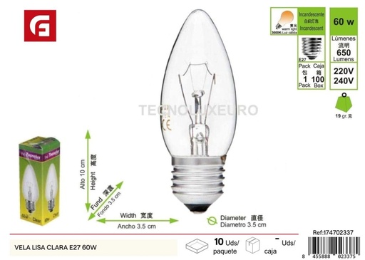 [174702337] Bombilla vela lisa clara E27 60W - Iluminación y bombillas