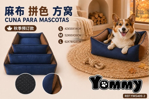 [YM5409-2] Cuna de perro de lino bicolor - Azul y marrón