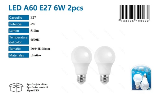 [171019097] Bombilla LED A60 E27 6W 2 pcs 6500K - Iluminación LED