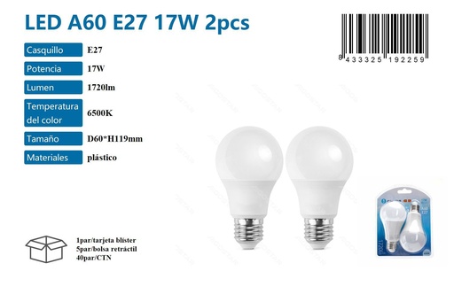 [171019225] Bombilla LED A60 E27 17W 2 pcs 6500K - Iluminación LED