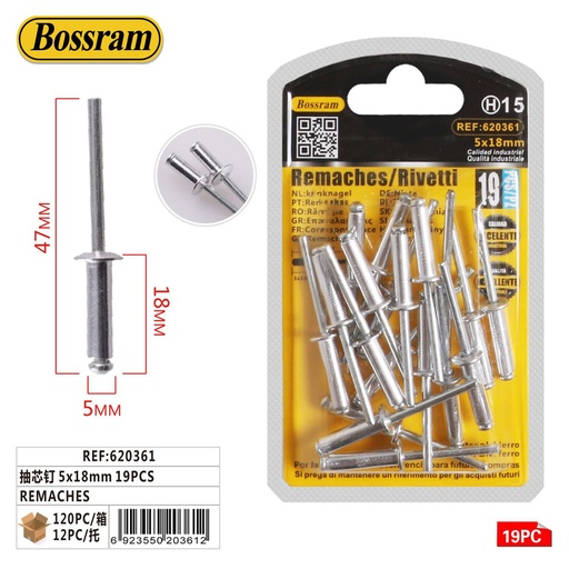 [620361] Remaches 5x18mm 19pcs para reparaciones y ensamblajes