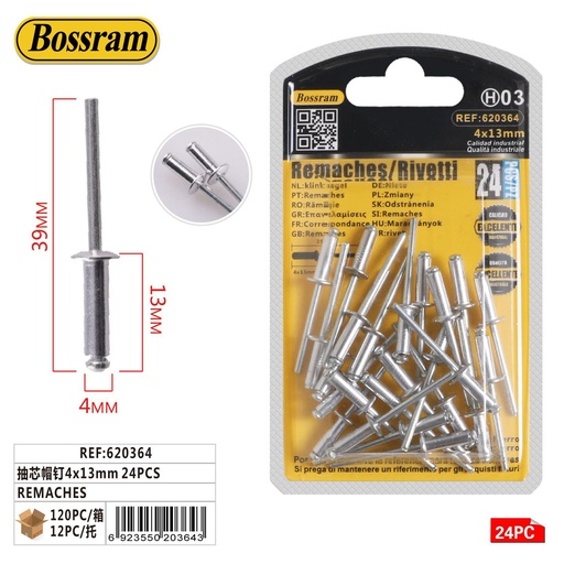 [620364] Remaches de sombrerete 4x13mm 24pcs para fijaciones y reparaciones